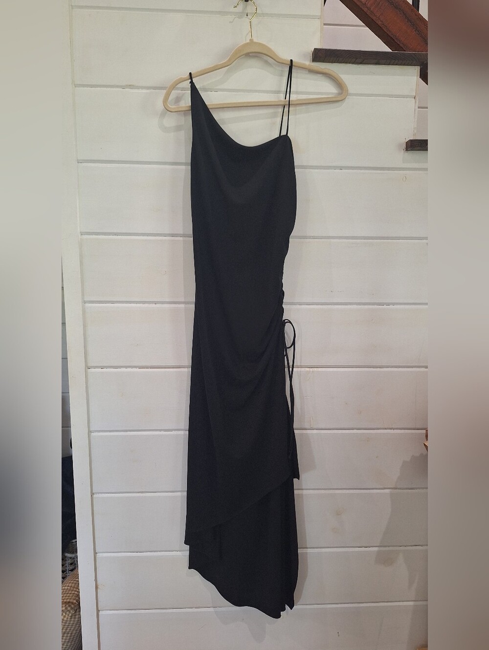 Niki Livas Black Asymmetrical Slip Dress with Side Tie